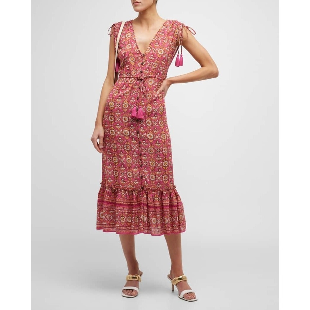 Veronica Beard Arjuna Cinch Tie Tiered Midi Dress Fuchsia Sz Large